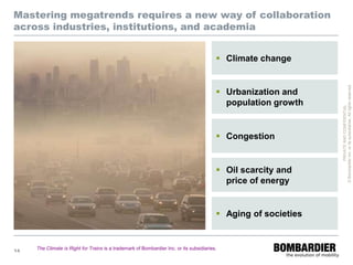 Mastering megatrends requires a new way of collaboration
across industries, institutions, and academia


                                                                                           Climate change




                                                                                                                 © Bombardier Inc. or its subsidiaries. All rights reserved.
                                                                                           Urbanization and
                                                                                            population growth




                                                                                                                           PRIVATE AND CONFIDENTIAL
                                                                                           Congestion


                                                                                           Oil scarcity and
                                                                                            price of energy


                                                                                           Aging of societies



14
     The Climate is Right for Trains is a trademark of Bombardier Inc. or its subsidiaries.
 