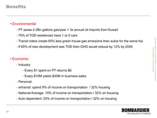 Benefits


      Environmental
        – PT saves 4.2Bn gallons gas/year = 3x annual oil imports from Kuwait
        – 75% of TOD residences have 1 or 0 cars




                                                                                                  © Bombardier Inc. or its subsidiaries. All rights reserved.
        – Transit riders create 65% less green house gas emissions than autos for the same trip
        – If 60% of new development was TOD then GHG would reduce by 12% by 2050




                                                                                                            PRIVATE AND CONFIDENTIAL
      Economic
        – Industry:
            >   Every $1 spent on PT returns $6
            >   Every $10M yields $30M in business sales
        – Personal:
        – w/transit: spend 9% of income on transportation / 32% housing
        – National Average: 19% of income on transportation / 32% on housing
        – Auto dependent: 25% of income on transportation / 32% on housing


27
 