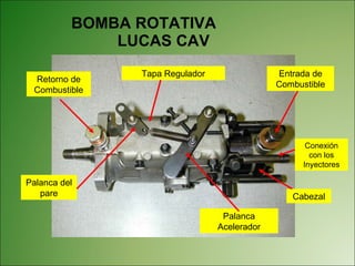 BOMBA ROTATIVA  LUCAS CAV Retorno de Combustible Entrada de Combustible Tapa Regulador Palanca del pare Palanca Acelerador Cabezal Conexión con los Inyectores 
