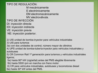 TIPO DE REGULACIÓN:  M mecánicamente E electrónicamente EM electromecánicamente MV electroválvula. TIPO DE INYECCIÓN DI: inyección directa IDI: inyección indirecta VE: inyección previa NE: inyección posterior. 2) UIS unidad de bomba-inyector para vehículos industriales 3) UIS para turismos 3a) con dos unidades de control, número mayor de cilindros 4) UPS unidad de bomba-tubería-inyector para vehículos industriales y autobuses 5) CR Common Rail 1ª generación para turismos y vehículos industriales ligeros; 5a) hasta 90º kW (cigüeñal) antes del PMS elegible libremente 5b) hasta 5500 rpm en marcha con freno motor 6) CR para vehículos industriales, autobuses y locomotoras diesel 6a) hasta 30º kW antes del PMS. 