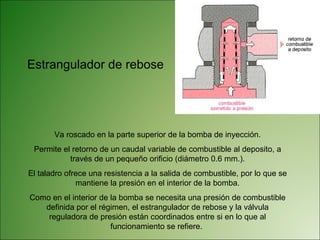 Estrangulador de rebose  Va roscado en la parte superior de la bomba de inyección. Permite el retorno de un caudal variable de combustible al deposito, a través de un pequeño orificio (diámetro 0.6 mm.). El taladro ofrece una resistencia a la salida de combustible, por lo que se mantiene la presión en el interior de la bomba. Como en el interior de la bomba se necesita una presión de combustible definida por el régimen, el estrangulador de rebose y la válvula reguladora de presión están coordinados entre si en lo que al funcionamiento se refiere.  
