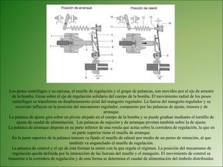 Los pesos centrífugos y su carcasa, el muelle de regulación y el grupo de palancas, son movidos por el eje de arrastre de la bomba. Giran sobre el eje de regulación solidario del cuerpo de la bomba. El movimiento radial de los pesos centrífugos se transforma en desplazamiento axial del manguito regulador. La fuerza del manguito regulador y su recorrido influyen en la posición del mecanismo regulador, compuesto por las palancas de ajuste, tensora y de arranque. La palanca de ajuste gira sobre un pivote alojado en el cuerpo de la bomba y se puede graduar mediante el tornillo de ajuste de caudal de alimentación.  Las palancas de sujeción y de arranque pivotan también sobre la de ajuste. La palanca de arranque dispone en su parte inferior de una rotula que actúa sobre la corredera de regulación, la que en su parte superior tiene el muelle de arranque. En la parte superior de la palanca tensora va fijado el muelle de ralentí por medio de un perno de retención, al que también va enganchado el muelle de regulación. La palanca de control y el eje de está forman la unión con la que regula el régimen. La posición del mecanismo de regulación queda definida por la interacción de las fuerzas del muelle y el manguito. El movimiento de control se transmite a la corredera de regulación y de esta forma se determina el caudal de alimentación del émbolo distribuidor.  