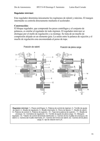 Dto de Automotores IPET N 49 Domingo F. Sarmiento Latino Raul Corrado
16
Regulador mini-taxi:
Este regulador determina únicamente los regímenes de ralentí y máximo. El margen
intermedio se controla directamente mediante el acelerador.
Construcción:
El bloque regulador, que comprende los pesos centrífugos y el conjunto de
palancas, es similar al regulador de todo régimen. El regulador mini-taxi se
distingue por el mulle de regulación y su montaje. Se trata de un muelle de
compresión alojado en un elemento guía. La unión entre la palanca de sujeción y el
muelle de regulación esta encomendada al perno de tope.
Regulador mini-taxi: 1.- Pesos centrífugos; 2.- Palanca de control de régimen; 3.- Tornillo de ajuste
de ralentí; 4.- Muelle de regulación; 5.- Muelle intermedio; 6.- Perno de fijación; 7.- Muelle de ralentí;
8.- Palanca de control; 9.- Palanca de sujeción.; 10.- Tope de la palanca de sujeción.; 11.- Muelle de
arranque; 12.- Corredera de regulación; 13.- Tornillo de ajuste de plena carga; 14.- Manguito
regulador; 15.- Taladro de control del émbolo distribuidor; a.- Carrera de los muelles de arranque y de
ralentí; b.- Carrera del muelle intermedio; d1.- Carrera útil mínima de ralentí; d2.- Carrera útil de plena
carga; 0.- eje de rotación de 8 y 9.
 