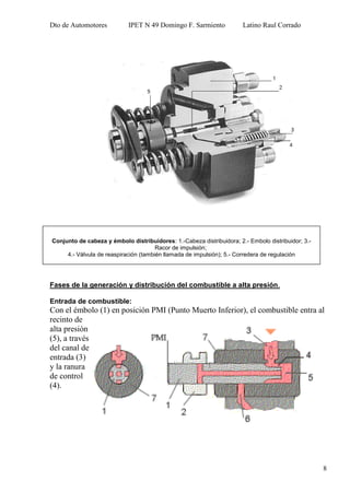 Dto de Automotores IPET N 49 Domingo F. Sarmiento Latino Raul Corrado
8
Fases de la generación y distribución del combustible a alta presión.
Entrada de combustible:
Con el émbolo (1) en posición PMI (Punto Muerto Inferior), el combustible entra al
recinto de
alta presión
(5), a través
del canal de
entrada (3)
y la ranura
de control
(4).
Conjunto de cabeza y émbolo distribuidores: 1.-Cabeza distribuidora; 2.- Embolo distribuidor; 3.-
Racor de impulsión;
4.- Válvula de reaspiración (también llamada de impulsión); 5.- Corredera de regulación
 
