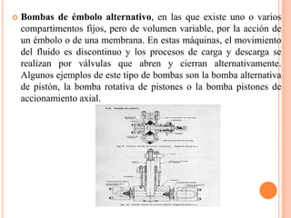 SEGÚN EL PRINCIPIO DE FUNCIONAMIENTOBombas de desplazamiento positivo o volumétricas, en las que el principio de funcionamiento está basado en la hidrostática, de modo que el aumento de presión se realiza por el empuje de las paredes de las cámaras que varían su volumen. En este tipo de bombas, en cada ciclo el órgano propulsor genera de manera positiva un volumen dado o cilindrada, por lo que también se denominan bombas volumétricas. En caso de poder variar el volumen máximo de la cilindrada se habla de bombas de volumen variable. Si ese volumen no se puede variar, entonces se dice que la bomba es de volumen fijo. A su vez este tipo de bombas pueden subdividirse en:Bombas de émbolo alternativo, en las que existe uno o varios compartimentos fijos, pero de volumen variable, por la acción de un émbolo o de una membrana. En estas máquinas, el movimiento del fluido es discontinuo y los procesos de carga y descarga se realizan por válvulas que abren y cierran alternativamente. Algunos ejemplos de este tipo de bombas son la bomba alternativa de pistón, la bomba rotativa de pistones o la bomba pistones de accionamiento axial.