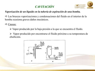 CAVITACIÓN
Vaporización de un líquido en la tubería de aspiración de una bomba.
 Las bruscas vaporizaciones y condensaciones del fluido en el interior de la
bomba ocasiona graves daños mecánicos.
 Causas:
     Vapor producido por la baja presión a la que se encuentra el fluido.
     Vapor producido por encontrarse el fluido próximo a su temperatura de
    ebullición.
 