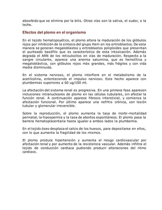 absorbido que se elimina por la bilis. Otras vías son la saliva, el sudor, o la 
leche. 
Efectos del plomo en el organismo 
En el tejido hematopoyético, el plomo altera la maduración de los glóbulos 
rojos por inhibición de la síntesis del grupo Hem en los eritroblastos. De esta 
manera se generan megaloblastos y eritroblastos poliploides que presentan 
el punteado basófilo que es característico de esta intoxicación. Además 
degrada el ARN de los reticulocitos en vías de maduración. Respecto a la 
sangre circulante, aparece una anemia saturnina, que es hemolítica y 
megaloblástica, con glóbulos rojos más grandes, más frágiles y con vida 
media disminuida. 
En el sistema nervioso, el plomo interfiere en el metabolismo de la 
acetilcolina, enlenteciendo el impulso nervioso. Este hecho aparece con 
plumbemias superiores a 60 ug/100 ml. 
La afectación del sistema renal es progresiva. En una primera fase aparecen 
inclusiones intranucleares de plomo en las células tubulares, sin afectar la 
función renal. A continuación aparece fibrosis intersticial, y comienza la 
afectación funcional. Por último aparece una nefritis crónica, con lesión 
tubular y glomerular irreversible. 
Sobre la reproducción, el plomo aumenta la tasa de morbi-mortalidad 
perinatal, la hipospermia y la tasa de abortos espontáneos. El plomo pasa la 
barrera hematoplacentaria hasta igualar a ambos lados la plumbemia. 
En el tejido óseo desplaza el calcio de los huesos, para depositarse en ellos, 
con lo que aumenta la fragilidad de los mismos. 
El plomo produce hipertensión y aumenta el riesgo cardiovascular por 
afectación renal y por aumento de la resistencia vascular. Además infiltra el 
tejido de conducción cardiaca pudiendo producir alteraciones del ritmo 
cardiaco. 
