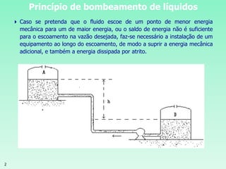 2
Princípio de bombeamento de líquidos
 Caso se pretenda que o fluido escoe de um ponto de menor energia
mecânica para um de maior energia, ou o saldo de energia não é suficiente
para o escoamento na vazão desejada, faz-se necessário a instalação de um
equipamento ao longo do escoamento, de modo a suprir a energia mecânica
adicional, e também a energia dissipada por atrito.
 