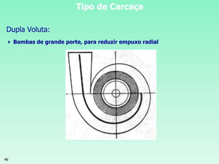 46
Tipo de Carcaça
Dupla Voluta:
 Bombas de grande porte, para reduzir empuxo radial
 