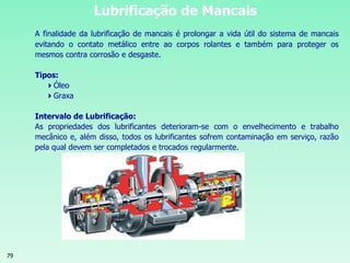 79
Lubrificação de Mancais
A finalidade da lubrificação de mancais é prolongar a vida útil do sistema de mancais
evitando o contato metálico entre ao corpos rolantes e também para proteger os
mesmos contra corrosão e desgaste.
Tipos:
Óleo
Graxa
Intervalo de Lubrificação:
As propriedades dos lubrificantes deterioram-se com o envelhecimento e trabalho
mecânico e, além disso, todos os lubrificantes sofrem contaminação em serviço, razão
pela qual devem ser completados e trocados regularmente.
 