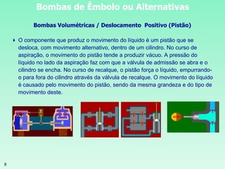 8
Bombas de Êmbolo ou Alternativas
Bombas Volumétricas / Deslocamento Positivo (Pistão)
 O componente que produz o movimento do líquido é um pistão que se
desloca, com movimento alternativo, dentro de um cilindro. No curso de
aspiração, o movimento do pistão tende a produzir vácuo. A pressão do
líquido no lado da aspiração faz com que a válvula de admissão se abra e o
cilindro se encha. No curso de recalque, o pistão força o líquido, empurrando-
o para fora do cilindro através da válvula de recalque. O movimento do líquido
é causado pelo movimento do pistão, sendo da mesma grandeza e do tipo de
movimento deste.
 