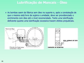 80
Lubrificação de Mancais - Óleo
 As bombas saem da fábrica sem óleo no suporte e, após a constatação de
que o mesmo está livre de sujeira e umidade, deve ser providenciado o
enchimento com óleo até o nível recomendado. Tanto uma lubrificação
deficiente quanto uma lubrificação excessiva trazem efeitos prejudiciais.
 