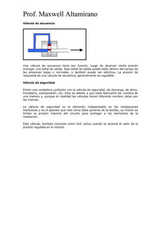 Prof. Maxwell Altamirano
Válvula de secuencia
Una válvula de secuencia tiene por función, luego de alcanzar cierta presión
entregar una señal de salida. Esta señal de salida puede estar dentro del campo de
las presiones bajas o normales, y también puede ser eléctrica. La presión de
respuesta de una válvula de secuencia, generalmente es regulable.
Válvula de seguridad
Existe una verdadera confusión con la válvula de seguridad, de descarga, de alivio,
limitadora, sobrepresión, etc. Esto es debido a que cada fabricante las nombra de
una manera y, aunque en realidad las válvulas tienen diferente nombre, éstas son
las mismas.
La válvula de seguridad es el elemento indispensable en las instalaciones
hidráulicas y es el aparato que más cerca debe ponerse de la bomba, su misión es
limitar la presión máxima del circuito para proteger a los elementos de la
instalación.
Esta válvula, también conocida como VLP, actúa cuando se alcanza el valor de la
presión regulada en el resorte.
 