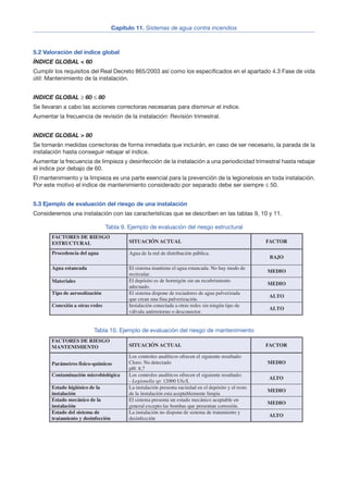 5.2 Valoración del índice global
ÍNDICE GLOBAL < 60
Cumplir los requisitos del Real Decreto 865/2003 así como los especificados en el apartado 4.3 Fase de vida
útil: Mantenimiento de la instalación.
INDICE GLOBAL ≥ 60 ≤ 80
Se llevaran a cabo las acciones correctoras necesarias para disminuir el índice.
Aumentar la frecuencia de revisión de la instalación: Revisión trimestral.
INDICE GLOBAL > 80
Se tomarán medidas correctoras de forma inmediata que incluirán, en caso de ser necesario, la parada de la
instalación hasta conseguir rebajar el índice.
Aumentar la frecuencia de limpieza y desinfección de la instalación a una periodicidad trimestral hasta rebajar
el índice por debajo de 60.
El mantenimiento y la limpieza es una parte esencial para la prevención de la legionelosis en toda instalación.
Por este motivo el índice de mantenimiento considerado por separado debe ser siempre ≤ 50.
5.3 Ejemplo de evaluación del riesgo de una instalación
Consideremos una instalación con las características que se describen en las tablas 9, 10 y 11.
Tabla 9. Ejemplo de evaluación del riesgo estructural
Tabla 10. Ejemplo de evaluación del riesgo de mantenimiento
14
Capítulo 11. Sistemas de agua contra incendios
FACTORES DE RIESGO
MANTENIMIENTO SITUACIÓN ACTUAL FACTOR
Parámetros fisico-químicos
Los controles analíticos ofrecen el siguiente resultado:
Cloro: No detectado
pH: 8,7
MEDIO
Contaminación microbiológica Los controles analíticos ofrecen el siguiente resultado:
- Legionella sp: 12000 Ufc/L
ALTO
Estado higiénico de la
instalación
La instalación presenta suciedad en el depósito y el resto
de la instalación esta aceptablemente limpia
MEDIO
Estado mecánico de la
instalación
El sistema presenta un estado mecánico aceptable en
general excepto las bombas que presentan corrosión.
MEDIO
Estado del sistema de
tratamiento y desinfección
La instalación no dispone de sistema de tratamiento y
desinfección
ALTO
FACTORES DE RIESGO
ESTRUCTURAL SITUACIÓN ACTUAL FACTOR
Procedencia del agua Agua de la red de distribución pública.
BAJO
Agua estancada El sistema mantiene el agua estancada. No hay modo de
recircular.
MEDIO
Materiales El depósito es de hormigón sin un recubrimiento
adecuado.
MEDIO
Tipo de aerosolización El sistema dispone de rociadores de agua pulverizada
que crean una fina pulverización.
ALTO
Conexión a otras redes Instalación conectada a otras redes sin ningún tipo de
válvula antirretorno o desconector.
ALTO
 