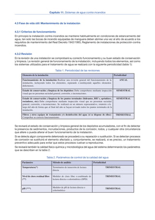 4.3 Fase de vida útil: Mantenimiento de la instalación
4.3.1 Criterios de funcionamiento
En principio la instalación contra incendios se mantiene habitualmente en condiciones de estancamiento del
agua, tan solo las bocas de incendio equipadas de manguera deben abrirse una vez al año de acuerdo a los
requisitos de mantenimiento del Real Decreto 1942/1993, Reglamento de instalaciones de protección contra
incendios.
4.3.2 Revisión
En la revisión de una instalación se comprobará su correcto funcionamiento y su buen estado de conservación
y limpieza. La revisión general de funcionamiento de la instalación, incluyendo todos los elementos, así como
los sistemas utilizados para el tratamiento de agua se realizará con la siguiente periodicidad (tabla 1):
Tabla 1. Periodicidad de las revisiones
Se revisará el estado de conservación y limpieza general de los depósitos acumuladores, con el fin de detectar
la presencia de sedimentos, incrustaciones, productos de la corrosión, lodos, y cualquier otra circunstancia
que altere o pueda alterar el buen funcionamiento de la instalación.
Si se detecta algún componente deteriorado se procederá a su reparación o sustitución. Si se detectan procesos
de corrosión se sustituirá el elemento afectado y, conjuntamente, se realizará, si es preciso, un tratamiento
preventivo adecuado para evitar que estos procesos vuelvan a reproducirse.
Se revisará también la calidad físico-química y microbiológica del agua del sistema determinando los parámetros
que se describen en la tabla 2.
Tabla 2. Parámetros de control de la calidad del agua
6
Capítulo 11. Sistemas de agua contra incendios
Elemento de la instalación Periodicidad
Funcionamiento de la instalación: Realizar una revisión general del funcionamiento de la
instalación, incluyendo todos los elementos, reparando o sustituyendo aquellos elementos
defectuosos.
ANUAL
Estado de conservación y limpieza de los depósitos: Debe comprobarse mediante inspección
visual que no presentan suciedad general, corrosión, o incrustaciones.
SEMESTRAL
Estado de conservación y limpieza de los puntos terminales (hidrantes, BIE´s, sprinklers,
rociadores, etc): Debe comprobarse mediante inspección visual que no presentan suciedad
general, corrosión, o incrustaciones. Se realizará en un número representativo, rotatorio a lo
largo del año de forma que al final del año se hayan revisado todos los puntos terminales de la
instalación.
SEMESTRAL
Filtros y otros equipos de tratamiento y/o desinfección del agua (si se dispone de ellos):
Comprobar su correcto funcionamiento.
TRIMESTRAL
Parámetro Método de análisis Periodicidad
Temperatura(*) Termómetro de inmersión de lectura
directa
TRIMESTRAL
Nivel de cloro residual libre
(**)
Medidor de cloro libre o combinado de
lectura directa o colorimétrico (DPD)
TRIMESTRAL
pH (***) Medidor de pH de lectura directa o
colorimétrico
TRIMESTRAL
Legionella sp (****) Según Norma ISO 11731 Parte 1.
Calidad del agua. Detección y
enumeración de Legionella sp
Mínima Anual.
(Especificar periodicidad según
Evaluación de Riesgo. En instalaciones
especialmente sensibles tales como
hospitales, residencias de ancianos,
balnearios, etc. la periodicidad mínima
recomendada es semestral).
 