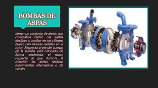 BOMBAS DE
ASPAS
tienen un conjunto de aletas con
cinemática radial. Las aletas
deslizan u oscilan en un cilindro
hueco con...