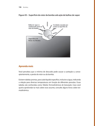 Bombas156
Figura 93 – Superfície do rotor da bomba sob ação de bolhas de vapor
Aprenda mais
Você percebeu que o mínimo de descuido pode causar a cavitação e, conse-
qüentemente, a perda do rotor ou da bomba.
Existem tabelas prontas, para cada líquido específico, inclusive a água, indicando
a relação para diversas temperaturas em função de diferentes pressões. Essas
tabelas são conhecidas como Tabelas Termodinâmicas de Saturação. Caso você
queira aprofundar-se mais sobre esse assunto, consulte alguns livros sobre ter-
modinâmica.
Bombas.indd 156 18/02/2009 16:15:24
 