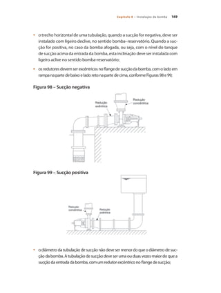 169Capítulo 8 – Instalação da bomba
	 o trecho horizontal de uma tubulação, quando a sucção for negativa, deve ser•	
instalado com ligeiro declive, no sentido bomba–reservatório. Quando a suc-
ção for positiva, no caso da bomba afogada, ou seja, com o nível do tanque
de sucção acima da entrada da bomba, esta inclinação deve ser instalada com
ligeiro aclive no sentido bomba-reservatório;
	 osredutoresdevemserexcêntricosnoflangedesucçãodabomba,comoladoem•	
rampa na parte de baixo e lado reto na parte de cima, conforme Figuras 98 e 99;
Figura 98 – Sucção negativa
Figura 99 – Sucção positiva
	 o diâmetro da tubulação de sucção não deve ser menor do que o diâmetro de suc-•	
ção da bomba. A tubulação de sucção deve ser uma ou duas vezes maior do que a
sucção da entrada da bomba, com um redutor excêntrico no flange de sucção;
Bombas.indd 169 18/02/2009 16:15:28
 