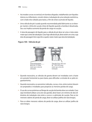 Bombas170
	 Ao instalar curvas na vertical, em•	 bombas afogadas, trabalhando com líquidos
tóxicos ou inflamáveis, convém dotar a tubulação de uma redução excêntrica,
com o lado reto voltado para baixo, a fim de evitar acúmulo de líquido;
	 Uma válv•	 ula de pé é usada quando recomendada pelo fabricante ou se dese-
jar manter a linha de sucção cheia de líquido quando a bomba é desativada.
Seu uso implica aumento da perda de carga na sucção.
	 A área de passagem do líquido para a válvula de pé deve ser uma e meia vezes•	
maior que a área da tubulação. Caso haja válvula de pé, deve existir um crivo, cuja
área de passagem livre seja três a quatro vezes maior que área da tubulação;
Figura 100 – Válvula de pé
	 Quando necessário, as válvulas de gaveta devem ser instaladas com a haste•	
em posição horizontal ou para baixo, para dificultar a entrada de ar pelo en-
gaxetamento;
	 Quando necessário, os acessórios (válvulas, curvas, crivo, entre outros) devem•	
ser projetados e instalados para propiciar as menores perdas de carga;
	 O uso de curvas próximas ao flange de sucção da bomba deve ser evitado. Caso•	
seja inevitável utilizar curva de raio grande, deve haver um mínimo de dois di-
âmetros de tubulação reta entre a curva e a admissão de sucção. Para se ter
menores valores de perda de carga, deve-se utilizar joelhos de raios longos;
	 Para se obter menores valores de perda de carga, deve-se utilizar joelho de•	
raios longos;
Bombas.indd 170 18/02/2009 16:15:28
 