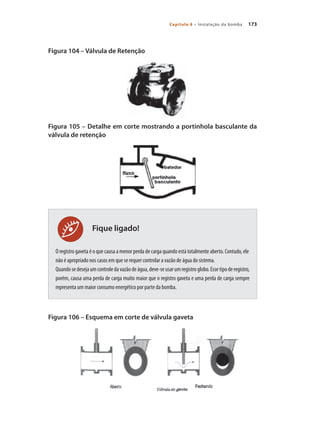 173Capítulo 8 – Instalação da bomba
Fique ligado!
Figura 104 – Válvula de Retenção	
Figura 105 – Detalhe em corte mostrando a portinhola basculante da
válvula de retenção
O registro gaveta é o que causa a menor perda de carga quando está totalmente aberto. Contudo, ele
não é apropriado nos casos em que se requer controlar a vazão de água do sistema.
Quandosedesejaumcontroledavazãodeágua,deve-seusarumregistroglobo.Essetipoderegistro,
porém, causa uma perda de carga muito maior que o registro gaveta e uma perda de carga sempre
representa um maior consumo energético por parte da bomba.
Figura 106 – Esquema em corte de válvula gaveta
		
	
Bombas.indd 173 18/02/2009 16:15:29
 