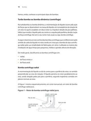 18 Bombas
Vamos, então, conhecer os principais tipos de bombas.
Turbo bomba ou bomba dinâmica (centrífuga)
Na turbobomba ou bomba dinâmica, a movimentação do líquido ocorre pela ação
de forças que se desenvolvem na massa do líquido, em conseqüência da rotação de
um eixo no qual é acoplado um disco (rotor ou impulsor) dotado de pás (palhetas,
hélice) que recebe o líquido pelo seu centro e o expulsa pela periferia, devido à ação
da força centrífuga. Daí vem o seu nome mais usual, ou seja, bombacentrífuga.
Aseguircitaremosasmaisconhecidasbombascentrífugasquesediferenciampelo
sentido de saída do líquido no rotor, tendo em vista que a bomba do tipo centrífu-
ga radial, pela sua simplicidade de fabricação, em série, é utilizada na maioria das
instalações de água limpa para pequenas, médias e grandes alturas de elevação.
De modo geral, classificamos as bombas centrífugas em:
	 radial;•	
	 de fluxo misto; e•	
	 de fluxo axial.•	
Bomba centrífuga radial
A movimentação do líquido se dá do centro para a periferia do rotor, no sentido
perpendicular ao eixo de rotação. O líquido penetra no rotor paralelamente ao
eixo, sendo dirigido pelas pás para a periferia, segundo trajetórias contidas em
planos normais ao eixo.
A Figura 1 mostra esquematicamente, em corte transversal, um rotor de bomba
centrífuga radial pura.
Figura 1 – Rotor de bomba centrífuga radial pura.
Bombas.indd 18 18/02/2009 16:14:51
 