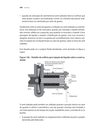 Bombas208
	 quando da colocação do anel-lanterna (anel cadeado) deve-se verificar que•	
estes grupos ocupem sua localização correta. Se a bomba não possuir anel-
lanterna deve ser substituído por anéis de gaxeta.
Geralmente, entre os anéis de gaxetas, é utilizado um anel-cadeado ou anel-lan-
terna. Sua utilização se faz necessária, quando, por exemplo, o líquido bombe-
ado contiver sólidos em suspensão, que poderão se acumular e impedir a livre
passagem de líquido e impedir a lubrificação da gaxeta. Com isso, ocorrerá o
desgaste excessivo no eixo e na gaxeta por esmerilhamento. Esse sistema con-
siste na injeção de um líquido limpo na caixa de gaxetas, sobre os furos do anel
cadeado.
Esse líquido pode ser o próprio fluido bombeado, como ilustrado na figura a
seguir.
Figura 136 – Detalhe do orifício para injeção de liquido sobre o anel ca-
deado
O anel-cadeado pode também ser utilizado quando a pressão interna na caixa
de gaxetas é inferior à atmosférica, caso de quando a bomba está instalada a
um nível superior ao do tanque de sucção, impedindo, assim, a entrada de ar na
bomba.
	 A posição do anel cadeado no engaxetamento é definida durante o projeto•	
da bomba pelo fabricante.
Rotor
Gotejamento
Caixa de Gaxeta
Luva
Protetora do
eixo
Preme
Gaxeta
Gaxetas
Saída
Orificio de abertura para injeção
de líquido bombeado sobre o
anel cadeado
Anel Cadeado
Bombas.indd 208 18/02/2009 16:15:38
 