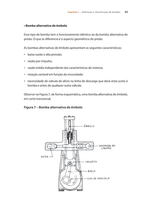 23Capítulo 1 – Definição e classificação de bombas
• Bomba alternativa de êmbolo
Esse tipo de bomba tem o funcionamento idêntico ao da bomba alternativa de
pistão. O que as diferencia é o aspecto geométrico do pistão.
As bombas alternativas de êmbolo apresentam as seguintes características:
	 baixa vazão e alta pressão;•	
	 vazão por impulso;•	
	 vazão média independente das características do sistema;•	
	 rotação variável em função da viscosidade;•	
	 necessidade de válvula de alívio na linha de descarga que deve estar junto à•	
bomba e antes de qualquer outra válvula.
Observe na Figura 7, de forma esquemática, uma bomba alternativa de êmbolo,
em corte transversal,
Figura 7 – Bomba alternativa de êmbolo
Bombas.indd 23 18/02/2009 16:14:52
 