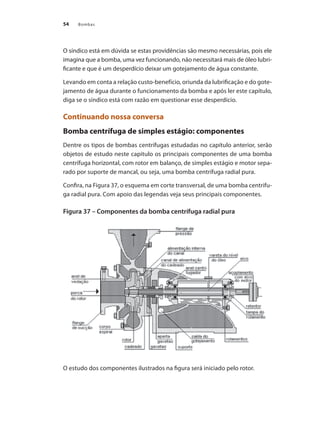 Bombas54
O síndico está em dúvida se estas providências são mesmo necessárias, pois ele
imagina que a bomba, uma vez funcionando, não necessitará mais de óleo lubri-
ficante e que é um desperdício deixar um gotejamento de água constante.
Levando em conta a relação custo-benefício, oriunda da lubrificação e do gote-
jamento de água durante o funcionamento da bomba e após ler este capítulo,
diga se o síndico está com razão em questionar esse desperdício.
Continuando nossa conversa
Bomba centrífuga de simples estágio: componentes
Dentre os tipos de bombas centrífugas estudadas no capítulo anterior, serão
objetos de estudo neste capitulo os principais componentes de uma bomba
centrífuga horizontal, com rotor em balanço, de simples estágio e motor sepa-
rado por suporte de mancal, ou seja, uma bomba centrífuga radial pura.
Confira, na Figura 37, o esquema em corte transversal, de uma bomba centrifu-
ga radial pura. Com apoio das legendas veja seus principais componentes.
Figura 37 – Componentes da bomba centrífuga radial pura
O estudo dos componentes ilustrados na figura será iniciado pelo rotor.
Bombas.indd 54 18/02/2009 16:15:02
 