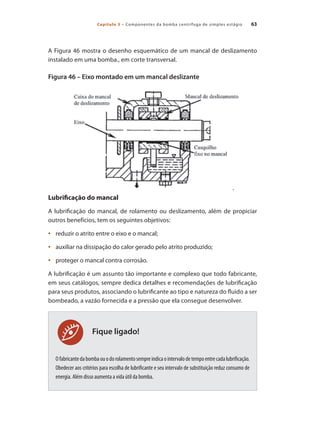 Capítulo 3 – Componentes da bomba centrífuga de simples estágio 63
Fique ligado!
A Figura 46 mostra o desenho esquemático de um mancal de deslizamento
instalado em uma bomba., em corte transversal.
Figura 46 – Eixo montado em um mancal deslizante
Lubrificação do mancal
A lubrificação do mancal, de rolamento ou deslizamento, além de propiciar
outros benefícios, tem os seguintes objetivos:
	 reduzir o atrito entre o eixo e o mancal;•	
	 auxiliar na dissipação do calor gerado pelo atrito produzido;•	
	 proteger o mancal contra corrosão.•	
A lubrificação é um assunto tão importante e complexo que todo fabricante,
em seus catálogos, sempre dedica detalhes e recomendações de lubrificação
para seus produtos, associando o lubrificante ao tipo e natureza do fluido a ser
bombeado, a vazão fornecida e a pressão que ela consegue desenvolver.
Ofabricantedabombaouodorolamentosempreindicaointervalodetempoentrecadalubrificação.
Obedecer aos critérios para escolha de lubrificante e seu intervalo de substituição reduz consumo de
energia. Além disso aumenta a vida útil da bomba.
Bombas.indd 63 18/02/2009 16:15:03
 
