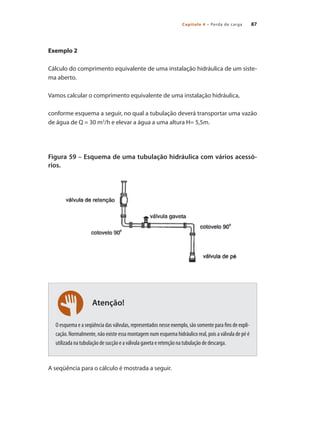 Capítulo 4 – Perda de carga 87
Atenção!
Exemplo 2
Cálculo do comprimento equivalente de uma instalação hidráulica de um siste-
ma aberto.
Vamos calcular o comprimento equivalente de uma instalação hidráulica,
conforme esquema a seguir, no qual a tubulação deverá transportar uma vazão
de água de Q = 30 m3
/h e elevar a água a uma altura H= 5,5m.
Figura 59 – Esquema de uma tubulação hidráulica com vários acessó-
rios.
O esquema e a seqüência das válvulas, representados nesse exemplo, são somente para fins de expli-
cação. Normalmente, não existe essa montagem num esquema hidráulico real, pois a válvula de pé é
utilizada na tubulação de sucção e a válvula gaveta e retenção na tubulação de descarga.
A seqüência para o cálculo é mostrada a seguir.
Bombas.indd 87 18/02/2009 16:15:09
 