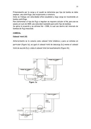 10
Primeramente por la carga y el caudal se determina que tipo de bomba se debe
emplear, una centrífuga, una reciprocante o rotatoria.
Como se trabaja con velocidades altas (caudales) y baja carga se recomienda un
bomba centrífuga.
Para determinar el tipo de flujo e impulsor se requiere calcular el Ns, para eso se
asume un r.p.m de 1800, una velocidad razonable para este tipo de bombas.
Se aplica la ecuación y se obtiene Ns = 1288, la cual cae dentro del intervalo de
bombas de flujo mezclado.
CABEZAL
Cabezal total (H)
Anteriormente se le conocía como cabezal total dinámico y para un sistema en
particular (figura 1a), es igual al cabezal total de descarga (hd) menos el cabezal
total de succión (hs); o más el cabezal total de levantamiento (figura 1b).
Figura 1a
Cabezal
estático
total
Cabezal
estático
de descarga
Cabezal
estático
de succión
Cabezal
estático
total
Cabezal
estático
de descarga
Cabezal estático
de levantamiento
Cabezal
estático
de descarga
 