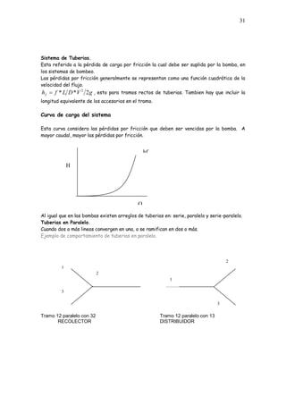 31
Sistema de Tuberias.
Esta referido a la pérdida de carga por fricción la cual debe ser suplida por la bomba, en
los sistemas de bombeo.
Las pérdidas por fricción generalmente se representan como una función cuadrática de la
velocidad del flujo.
g
V
D
L
f
hf 2
*
* 2
, esto para tramos rectos de tuberias. Tambien hay que incluir la
longitud equivalente de los accesorios en el tramo.
Curva de carga del sistema
Esta curva considera las pérdidas por fricción que deben ser vencidas por la bomba. A
mayor caudal, mayor las pérdidas por fricción.
Al igual que en las bombas existen arreglos de tuberias en: serie, paralelo y serie-paralelo.
Tuberias en Paralelo.
Cuando dos o más lineas convergen en una, o se ramifican en dos o más.
Ejemplo de comportamiento de tuberias en paralelo.
Tramo 12 paralelo con 32 Tramo 12 paralelo con 13
RECOLECTOR DISTRIBUIDOR
Q
H
hf
1
3
2
1
2
3
 