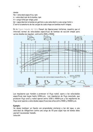 9
donde:
Ns = velocidad especifica, rpm
n = velocidad real de la bomba, rpm
H = carga total por etapa, pies
Q = capacidad de la bomba en gal/min a una velocidad n y una carga total z.
Z seria la sumatoria de las cargas de cada etapa en bombas multi-etapas.
En la figura tomada del libro Faoust de Operaciones Unitarias, muestra que el
intervalo normal de velocidades especificas de bombas de succión simple para
varios diseños de impulsor, está entre 500 y 15000.
Los impulsores que tienden a promover el flujo radial, opera a las velocidades
específicas mas bajas hasta 1200r.p.m. Los impulsores de flujo mezclado, que
producen flujo axial y radial operan entre 1200 a 9000r.p.m y los impulsores de
flujo axial operan a velocidades especificas mas altas entre 9000 y 15000r.p.m.
Ejemplo:
Se desea bombear un líquido con propiedades similares a las del agua, a una
velocidad de 300gal/min contra una carga de 70 pies ¿Qué tipo de bomba debe
usarse? recomendar tamaño.
Solución:
 