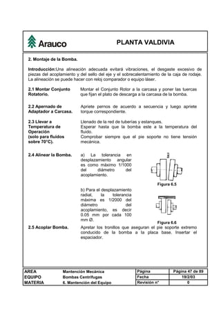 PLANTA VALDIVIA
AREA Mantención Mecánica Página Página 47 de 89
EQUIPO Bombas Centrífugas Fecha 19/2/03
MATERIA 6. Mantención del Equipo Revisión n° 0
2. Montaje de la Bomba.
Introducción:Una alineación adecuada evitará vibraciones, el desgaste excesivo de
piezas del acoplamiento y del sello del eje y el sobrecalentamiento de la caja de rodaje.
La alineación se puede hacer con reloj comparador o equipo láser.
2.1 Montar Conjunto
Rotatorio.
Montar el Conjunto Rotor a la carcasa y poner las tuercas
que fijan el plato de descarga a la carcasa de la bomba.
2.2 Apernado de
Adaptador a Carcasa.
Apriete pernos de acuerdo a secuencia y luego apriete
torque correspondiente.
2.3 Llevar a
Temperatura de
Operación
(solo para fluidos
sobre 70°C).
Llenado de la red de tuberías y estanques.
Esperar hasta que la bomba este a la temperatura del
fluido.
Comprobar siempre que el pie soporte no tiene tensión
mecánica.
2.4 Alinear la Bomba. a) La tolerancia en
desplazamiento angular
es como máximo 1/1000
del diámetro del
acoplamiento.
b) Para el desplazamiento
radial, la tolerancia
máxima es 1/2000 del
diámetro del
acoplamiento, es decir
0.05 mm por cada 100
mm Ø.
Figura 6.5
Figura 6.6
2.5 Acoplar Bomba. Apretar los tronillos que aseguran el pie soporte extremo
conducido de la bomba a la placa base. Insertar el
espaciador.
 