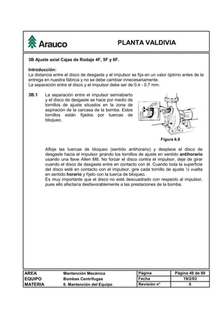 PLANTA VALDIVIA
AREA Mantención Mecánica Página Página 49 de 89
EQUIPO Bombas Centrífugas Fecha 19/2/03
MATERIA 6. Mantención del Equipo Revisión n° 0
3B Ajuste axial Cajas de Rodaje 4F, 5F y 6F.
Introducción:
La distancia entre el disco de desgaste y el impulsor se fija en un valor óptimo antes de la
entrega en nuestra fábrica y no se debe cambiar innecesariamente.
La separación entre el disco y el impulsor debe ser de 0,4 - 0,7 mm.
3B.1 La separación entre el impulsor semiabierto
y el disco de desgaste se hace por medio de
tornillos de ajuste situados en la zona de
aspiración de la carcasa de la bomba. Estos
tornillos están fijados por tuercas de
bloqueo.
Figura 6.9
Afloje las tuercas de bloqueo (sentido antihorario) y desplace el disco de
desgaste hacia el impulsor girando los tornillos de ajuste en sentido antihorario
usando una llave Allen M8. No forzar el disco contra el impulsor, deje de girar
cuando el disco de desgaste entre en contacto con él. Cuando toda la superficie
del disco esté en contacto con el impulsor, gire cada tornillo de ajuste ½ vuelta
en sentido horario y fíjelo con la tuerca de bloqueo.
Es muy importante que el disco no esté descuadrado con respecto al impulsor,
pues ello afectaría desfavorablemente a las prestaciones de la bomba.
 