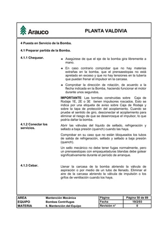 PLANTA VALDIVIA
AREA Mantención Mecánica Página Página 50 de 89
EQUIPO Bombas Centrífugas Fecha 19/2/03
MATERIA 6. Mantención del Equipo Revisión n° 0
4 Puesta en Servicio de la Bomba.
4.1 Preparar partida de la Bomba.
4.1.1 Chequear. è Asegúrese de que el eje de la bomba gira libremente a
mano.
è En caso contrario comprobar que no hay materias
extrañas en la bomba, que el prensaestopas no está
apretado en exceso y que no hay tensiones en la tubería
que puedan frenar el impulsor en la carcasa.
è Comprobar la dirección de rotación, de acuerdo a la
flecha indicada en la Bomba, haciendo funcionar el motor
durante unos segundos.
IMPORTANTE: Las bombas construidas sobre Caja de
Rodaje 1E, 2E o 3E tienen impulsores roscados. Esto se
indica por una etiqueta de aviso sobre Caja de Rodaje y
sobre la tapa de protección del acoplamiento. Cuando se
pruebe el sentido de giro, desconectar el acoplamiento para
eliminar el riesgo de que se desenrosque el impulsor, lo que
podría dañar la bomba.
4.1.2 Conectar los
servicios.
Abrir las válvulas del líquido de sellado, refrigeración y
sellado a baja presión (quench) cuando las haya.
Comprobar en su caso que no están bloqueados los tubos
de salida de refrigeración, sellado y sellado a baja presión
(quench).
Un sello mecánico no debe tener fugas normalmente, pero
un prensaestopas con empaquetaduras blandas debe gotear
significativamente durante el período de arranque.
4.1.3 Cebar. Llenar la carcasa de la bomba abriendo la válvula de
aspiración o por medio de un tubo de llenado. Eliminar el
aire de la carcasa abriendo la válvula de impulsión o los
grifos de ventilación cuando los haya.
 
