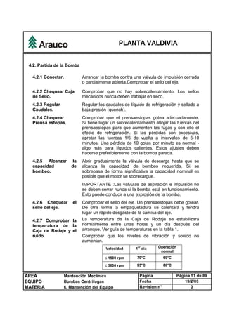 PLANTA VALDIVIA
AREA Mantención Mecánica Página Página 51 de 89
EQUIPO Bombas Centrífugas Fecha 19/2/03
MATERIA 6. Mantención del Equipo Revisión n° 0
4.2. Partida de la Bomba
4.2.1 Conectar. Arrancar la bomba contra una válvula de impulsión cerrada
o parcialmente abierta.Comprobar el sello del eje.
4.2.2 Chequear Caja
de Sello.
Comprobar que no hay sobrecalentamiento. Los sellos
mecánicos nunca deben trabajar en seco.
4.2.3 Regular
Caudales.
Regular los caudales de líquido de refrigeración y sellado a
baja presión (quench).
4.2.4 Chequear
Prensa estopas.
Comprobar que el prensaestopas gotea adecuadamente.
Si tiene lugar un sobrecalentamiento aflojar las tuercas del
prensaestopas para que aumenten las fugas y con ello el
efecto de refrigeración. Si las pérdidas son excesivas,
apretar las tuercas 1/6 de vuelta a intervalos de 5-10
minutos. Una pérdida de 10 gotas por minuto es normal -
algo más para líquidos calientes. Estos ajustes deben
hacerse preferiblemente con la bomba parada.
4.2.5 Alcanzar la
capacidad de
bombeo.
Abrir gradualmente la válvula de descarga hasta que se
alcanza la capacidad de bombeo requerida. Si se
sobrepasa de forma significativa la capacidad nominal es
posible que el motor se sobrecargue.
IMPORTANTE :Las válvulas de aspiración e impulsión no
se deben cerrar nunca si la bomba está en funcionamiento.
Esto puede conducir a una explosión de la bomba.
4.2.6 Chequear el
sello del eje.
Comprobar el sello del eje. Un prensaestopas debe gotear.
De otra forma la empaquetadura se calentará y tendrá
lugar un rápido desgaste de la camisa del eje.
4.2.7 Comprobar la
temperatura de la
Caja de Rodaje y el
ruido.
La temperatura de la Caja de Rodaje se estabilizará
normalmente entre unas horas y un día después del
arranque. Ver guía de temperaturas en la tabla 1.
Comprobar que los niveles de vibración y sonido no
aumentan.
Velocidad 1er
día Operación
normal
£ 1500 rpm 70°C 60°C
£ 3600 rpm 95°C 80°C
 