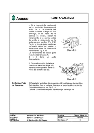 PLANTA VALDIVIA
AREA Mantención Mecánica Página Página 55 de 89
EQUIPO Bombas Centrífugas Fecha 19/2/03
MATERIA 6. Mantención del Equipo Revisión n° 0
c. Si la rosca de la camisa del
eje no es visible, desenroscar el
anillo de la herramienta del
bloque como en la Fig 6.15. Sin
embargo, si la rosca de la
camisa es visible, roscar la
herramienta a la camisa antes
de unirla al alojamiento de la
junta con dos tornillos (Fig 6.16)
Según el tipo de junta puede ser
necesario quitar un muelle o
espaciador antes de conectar la
herramienta. Fig. 6.15
La herramienta de bloque para
rodamientos tamaños 1,
2 y 3 tiene un anillo
desmontable.
Figura 6.16
d. Sacar el cartucho de la tapa
usando un extractor (Fig 6.17).
Tener cuidado para no dañar la
rosca del extremo del eje.
Figura 6.17
1.3 Retirar Plato
de Descarga.
El Adaptador y el plato de descarga están unidas por dos tornillos.
Seis tornillos fijan el plato de descarga al soporte del rodamiento
Quitar el Adaptador, ver Fig 6.18.
Golpear con cuidado el plato de descarga. Ver Fig 6.19.
 