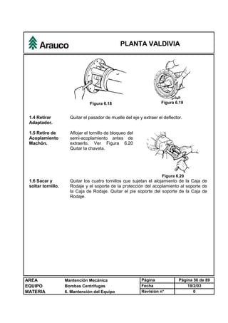 PLANTA VALDIVIA
AREA Mantención Mecánica Página Página 56 de 89
EQUIPO Bombas Centrífugas Fecha 19/2/03
MATERIA 6. Mantención del Equipo Revisión n° 0
Figura 6.18 Figura 6.19
1.4 Retirar
Adaptador.
Quitar el pasador de muelle del eje y extraer el deflector.
1.5 Retiro de
Acoplamiento
Machón.
Aflojar el tornillo de bloqueo del
semi-acoplamiento antes de
extraerlo. Ver Figura 6.20
Quitar la chaveta.
Figura 6.20
1.6 Sacar y
soltar tornillo.
Quitar los cuatro tornillos que sujetan el alojamiento de la Caja de
Rodaje y el soporte de la protección del acoplamiento al soporte de
la Caja de Rodaje. Quitar el pie soporte del soporte de la Caja de
Rodaje.
 