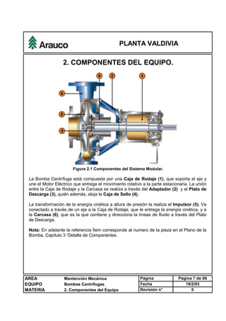 PLANTA VALDIVIA
AREA Mantención Mecánica Página Página 7 de 89
EQUIPO Bombas Centrífugas Fecha 19/2/03
MATERIA 2. Componentes del Equipo Revisión n° 0
2. COMPONENTES DEL EQUIPO.
Figura 2.1 Componentes del Sistema Modular.
La Bomba Centrífuga está compuesta por una Caja de Rodaje (1), que soporta el eje y
une el Motor Eléctrico que entrega el movimiento rotativo a la parte estacionaria. La unión
entre la Caja de Rodaje y la Carcasa se realiza a través del Adaptador (2) y el Plato de
Descarga (3), quién además, aloja la Caja de Sello (4).
La transformación de la energía cinética a altura de presión la realiza el Impulsor (5). Va
conectado a través de un eje a la Caja de Rodaje, que le entrega la energía cinética, y a
la Carcasa (6), que es la que contiene y direcciona la líneas de fluido a través del Plato
de Descarga.
Nota: En adelante la referencia Ítem corresponde al numero de la pieza en el Plano de la
Bomba, Capítulo 3 ‘Detalle de Componentes.
 