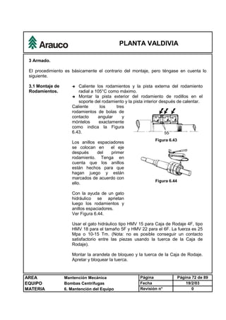 PLANTA VALDIVIA
AREA Mantención Mecánica Página Página 72 de 89
EQUIPO Bombas Centrífugas Fecha 19/2/03
MATERIA 6. Mantención del Equipo Revisión n° 0
3 Armado.
El procedimiento es básicamente el contrario del montaje, pero téngase en cuenta lo
siguiente.
è Caliente los rodamientos y la pista externa del rodamiento
radial a 105°C como máximo.
è Montar la pista exterior del rodamiento de rodillos en el
soporte del rodamiento y la pista interior después de calentar.
Caliente los tres
rodamientos de bolas de
contacto angular y
móntelos exactamente
como indica la Figura
6.43.
Los anillos espaciadores
se colocan en el eje
después del primer
rodamiento. Tenga en
cuenta que los anillos
están hechos para que
hagan juego y están
marcados de acuerdo con
ello.
Con la ayuda de un gato
hidráulico se aprietan
luego los rodamientos y
anillos espaciadores.
Ver Figura 6.44.
Figura 6.43
Figura 6.44
3.1 Montaje de
Rodamientos.
Usar el gato hidráulico tipo HMV 15 para Caja de Rodaje 4F, tipo
HMV 18 para el tamaño 5F y HMV 22 para el 6F. La fuerza es 25
Mpa o 10-15 Tm. (Nota: no es posible conseguir un contacto
satisfactorio entre las piezas usando la tuerca de la Caja de
Rodaje).
Montar la arandela de bloqueo y la tuerca de la Caja de Rodaje.
Apretar y bloquear la tuerca.
 