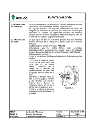 PLANTA VALDIVIA
AREA Mantención Mecánica Página Página 76 de 89
EQUIPO Bombas Centrífugas Fecha 19/2/03
MATERIA 6. Mantención del Equipo Revisión n° 0
3.9 Montar Plato
de Descarga.
La cinta/junta sellante de la tapa de la carcasa debe ser sustituida
después de cada desmontaje, por otra original de ABS.
En algunas bombas con impulsor semiabierto, el disco de
desgaste se mantiene en posición por medio de tornillos que
atraviesan la carcasa. Es importante disponer del material
correcto para los tornillos y el sellante. Montar el conjunto rotor en
la carcasa de la bomba y apretar las tuercas.
3.10 Montar Caja
de Sello.
Lo que sigue es sólo un esquema general. Hay que referirse
siempre al dibujo de la junta para la bomba antes de montar el
cartucho.
Junta mecánica simple en bloque PSI ABS.
a.Comprobar que los anillos tóricos están asentados
adecuadamente en sus respectivas ranuras y que se ha colocado
el tapón de drenaje. Lubricar los anillos tóricos con jabón blando.
(No usar aceite o grasa).
b. Unir la herramienta de bloque al alojamiento de la junta con dos
tornillos.
c. Empujar a mano el bloque
dentro de la tapa hasta que
hace tope con los anillos
tóricos. Comprobar que el
rebaje de la arandela de
posicionamiento se alinea con
el agujero para el perno en la
tapa.
Presionar el bloque hasta su
sitio usando el yugo de montaje
y los tornillos del impulsor
(Figura 6.51). Puede ser
necesario retener el eje de la
bomba para impedir que gire.
d. Volver a colocar el perno de
posicionamiento del bloque y la
arandela.
Figura 6.51
 