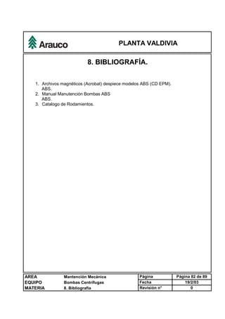 PLANTA VALDIVIA
AREA Mantención Mecánica Página Página 82 de 89
EQUIPO Bombas Centrífugas Fecha 19/2/03
MATERIA 8. Bibliografía Revisión n° 0
8. BIBLIOGRAFÍA.
1. Archivos magnéticos (Acrobat) despiece modelos ABS (CD EPM).
ABS.
2. Manual Manutención Bombas ABS
ABS.
3. Catalogo de Rodamientos.
 