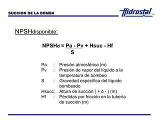 NPSHdisponible:
SUCCION DE LA BOMBA
S
NPSHd = Pa - Pv + Hsuc - Hf
Pa : Presión atmosférica (m)
Pv : Presión de vapor del líquido a la
temperatura de bombeo
S : Gravedad específica del líquido
bombeado
Hsucc: Altura de succión ( + ó - ) (m)
Hf : Pérdidas por fricción en la tubería
de succión (m)
 