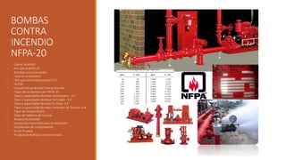 BOMBAS
CONTRA
INCENDIO
NFPA-20
➢ Qué es la NFPA?
➢ Por qué la NFPA-20
➢ Bombas Contra Incendio
➢ -Que es una bomba?
➢ -Por...