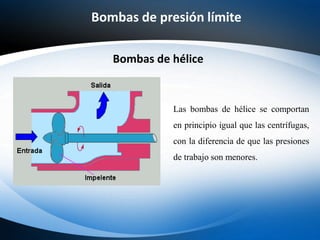 Bombas de presión límite
Bombas de hélice
Las bombas de hélice se comportan
en principio igual que las centrífugas,
con la...
