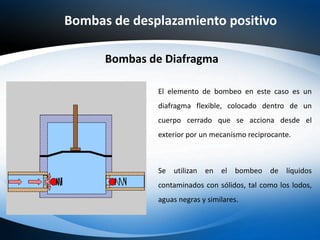 Bombas de desplazamiento positivo
Bombas de Diafragma
El elemento de bombeo en este caso es un
diafragma flexible, colocado dentro de un
cuerpo cerrado que se acciona desde el
exterior por un mecanismo reciprocante.
Se utilizan en el bombeo de líquidos
contaminados con sólidos, tal como los lodos,
aguas negras y similares.
 