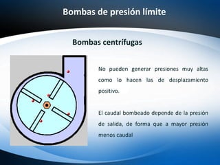 Bombas de presión límite
Bombas centrífugas
No pueden generar presiones muy altas
como lo hacen las de desplazamiento
positivo.
El caudal bombeado depende de la presión
de salida, de forma que a mayor presión
menos caudal
 