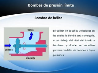 Bombas de presión límite
Bombas de hélice
Se utilizan en aquellas situaciones en
las cuales la bomba está sumergida,
o por debajo del nivel del líquido a
bombear y donde se necesiten
grandes caudales de bombeo a bajas
presiones.
 