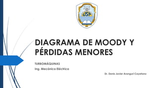 DIAGRAMA DE MOODY Y
PÉRDIDAS MENORES
TURBOMÁQUINAS
Ing. Mecánica Eléctrica
Dr. Denis Javier Arangurí Cayetano
 